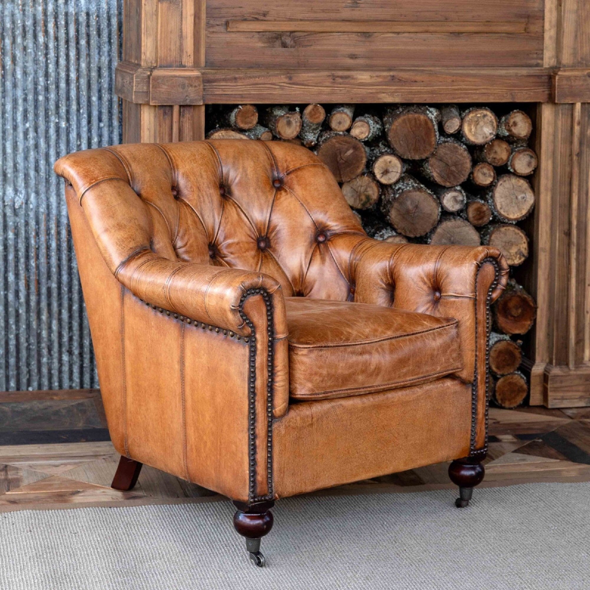 Tufted Club Chair, Vintage Traditional Brown Tufted Library Club Chair, Tufted Brown Genuine Leather, French Art Deco Club Chair