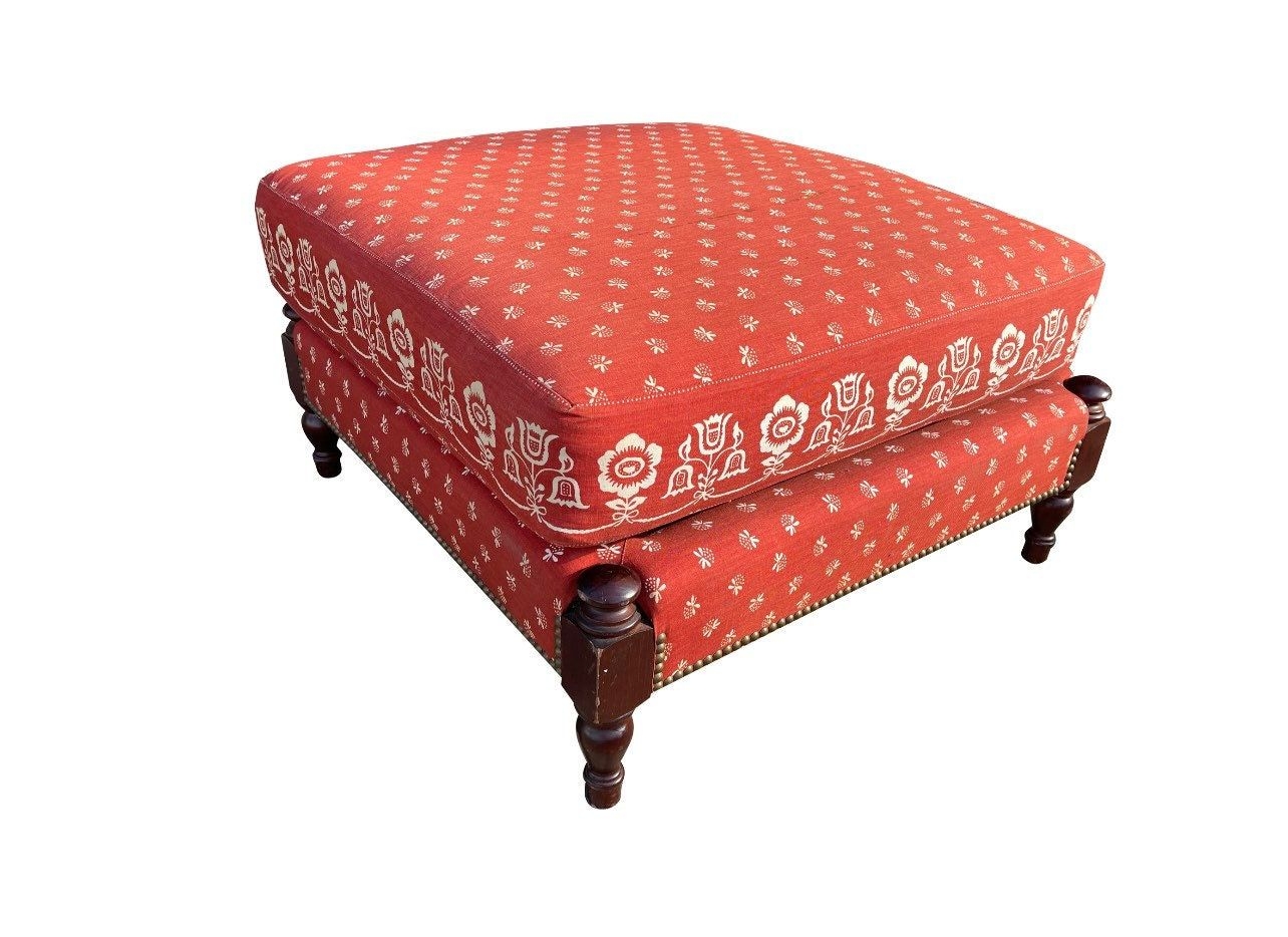 Vintage Burnt Orange, Olive and Tan Upholstered Wool and Wooden Foot Stool Ottoman