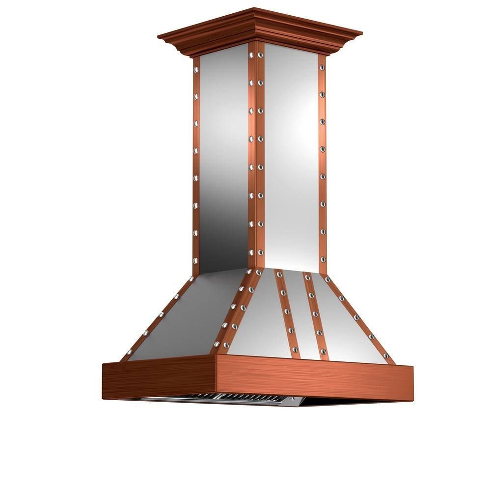 ZLINE Kitchen and Bath 36 in. 700 CFM Ducted Island Mount Range Hood with Copper Accents in Stainless Steel, Brushed 430 Stainless Steel & Copper
