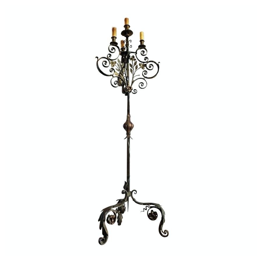 19th Century Spanish Forged Wrought Iron Electrified Tall Candelabra Floor Lamp