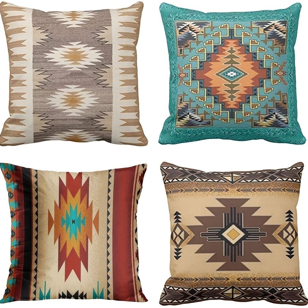 1pc, Square Linen Cushion Cover (18''x18''), Tribal Western Geometric Colorful Nature Color Patterns Sw Turq Orange Pillow Cover, Home Decor, Room Decor, Bedroom Decor, Collectible Buildings Accessories (cushion Is Not I
