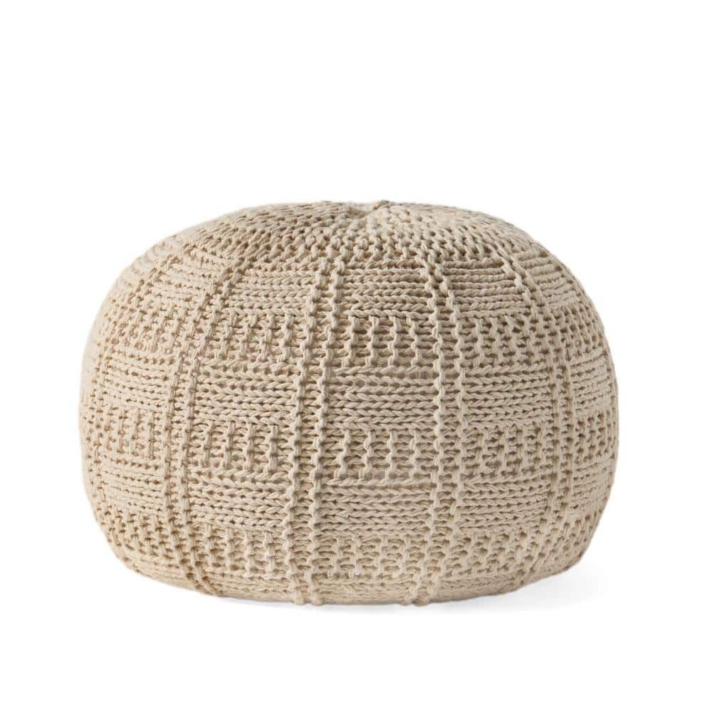 Axson Ivory Cotton Knitted Round Pouf