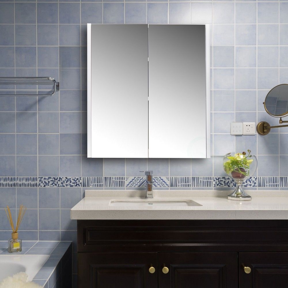 Basicwise 2 Shelves White Wall Mounted Bathroom/ Powder Room Mirrored Door Vanity Cabinet Medicine Chest