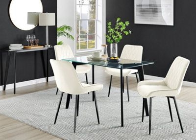 Furniturebox Malmo Scandi Inspired Rectangular Glass & Black Wood Dining Table With 4 Cream Pesaro Velvet Black Leg Chairs