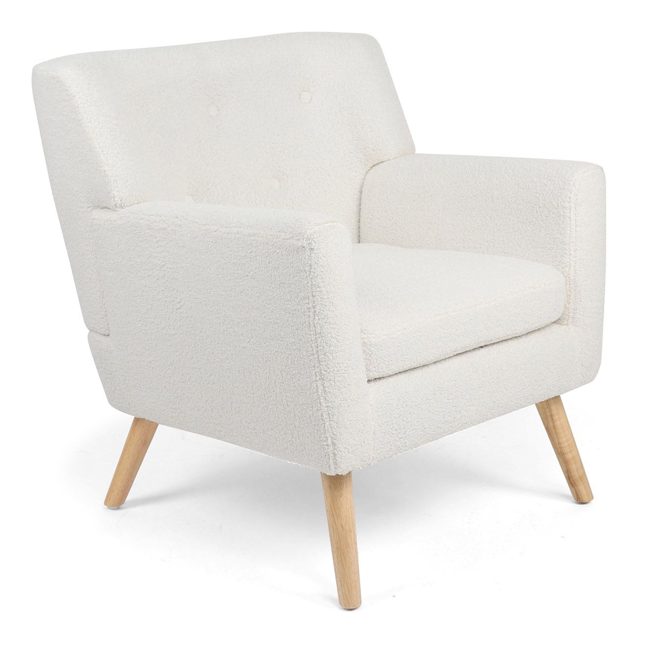 Idomya - Fauteuil Charles en tissu bouclette et pieds bois blanc bouclette - 74x75x79 cm
