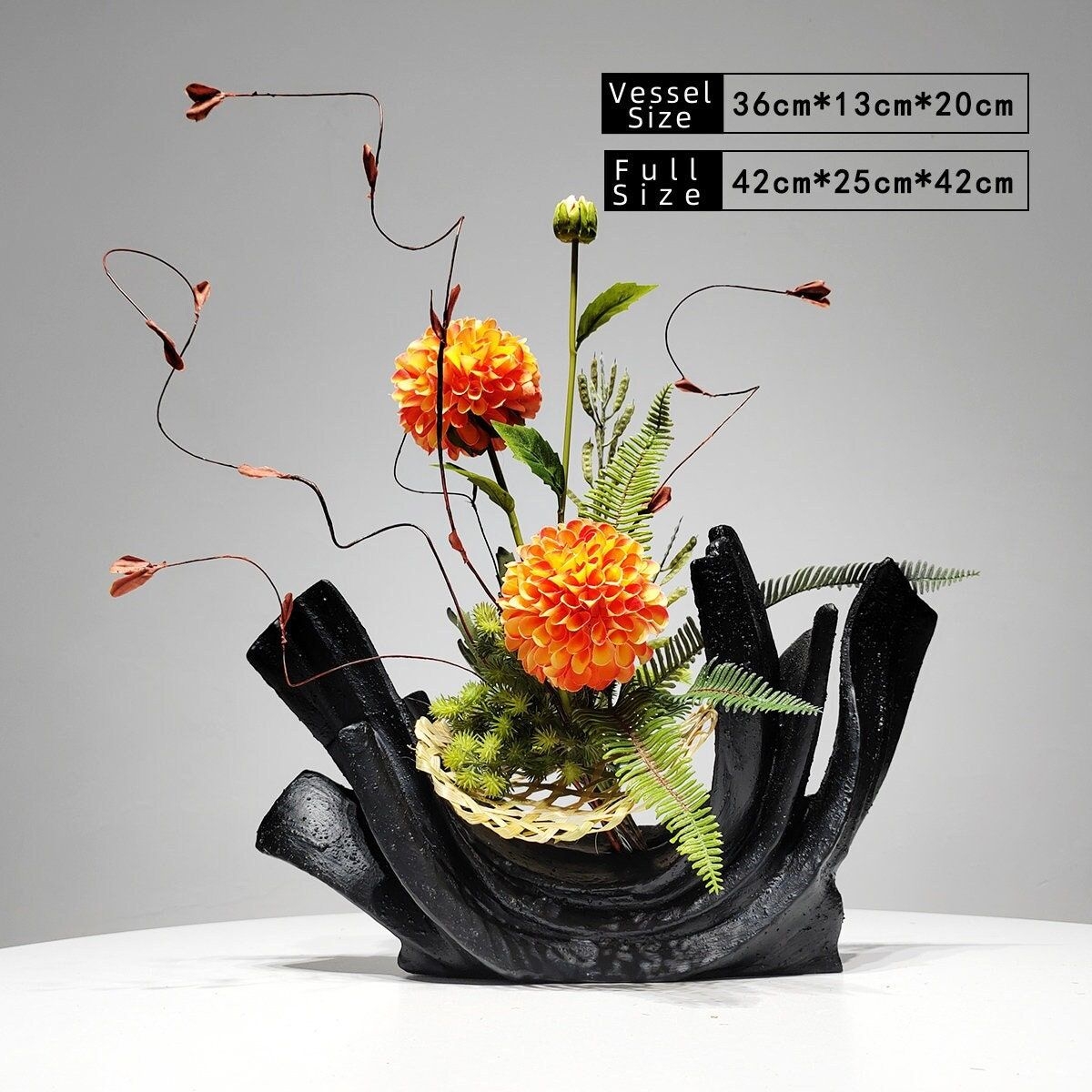 Japanese Style flora arrangement with black resin vessel,Faux Hydrangea Flower Centerpiece Fake Decor, Ikebana