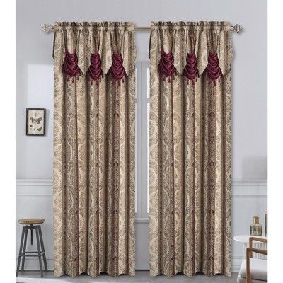 Kate Aurora Red, Burgundy & Taupe Complete Window in a Bag Damask Window Curtain Set - 56 in. W x 84 in. L