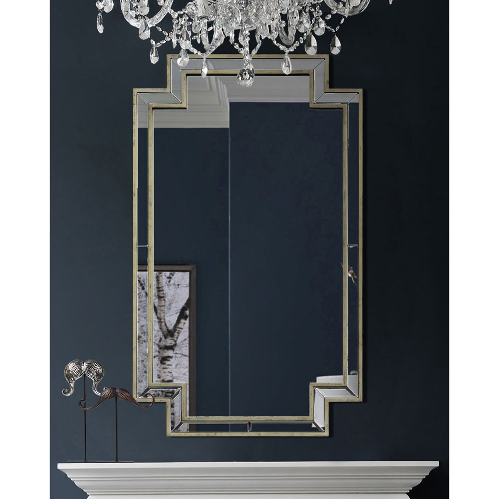 Kathy Kuo Home Dalton Hollywood Regency Silver Pine Wood Rectangular Wall Mounted Accent Mirror |