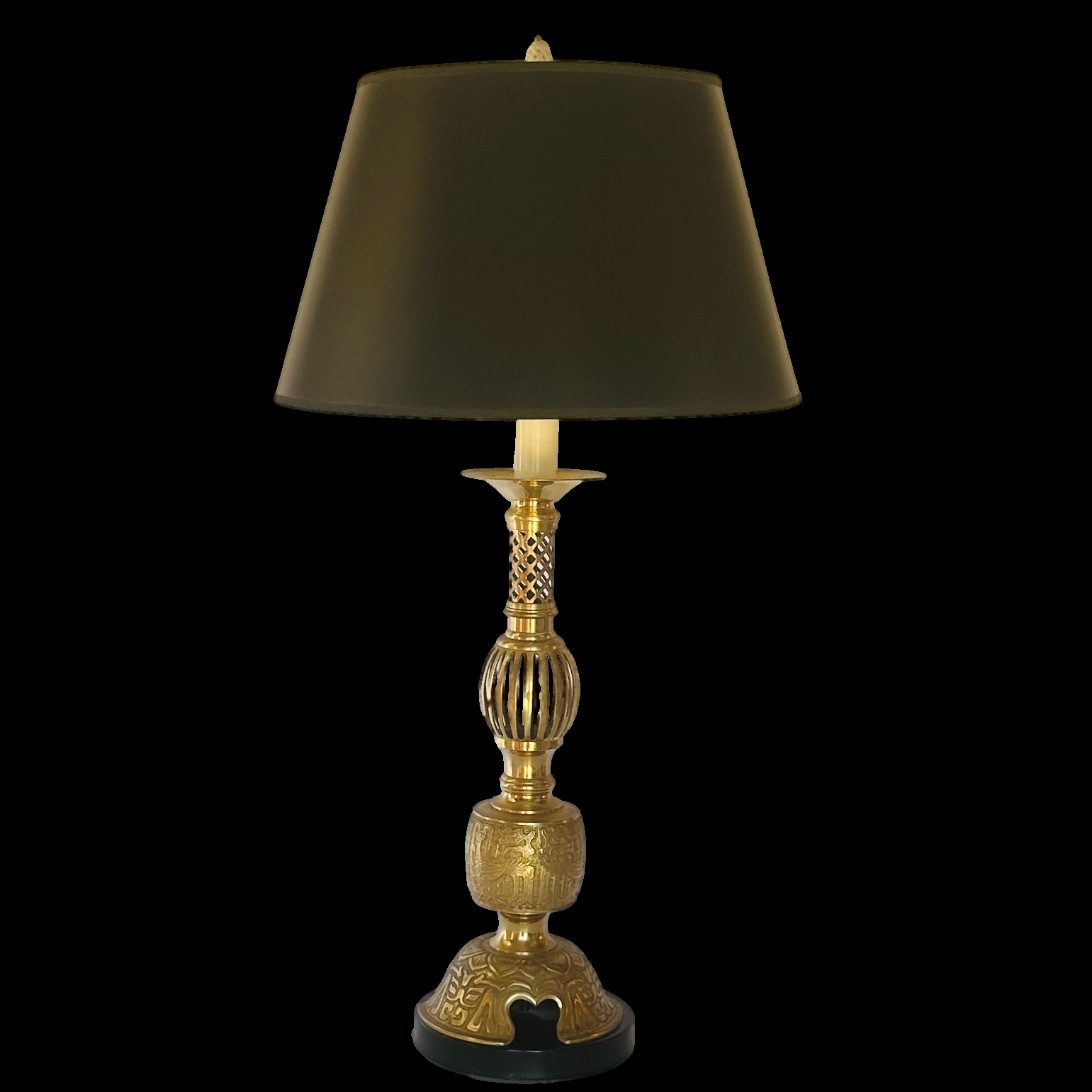 Tall Brass Asian Table Lamp with Lattice and Cut-Out Detailing