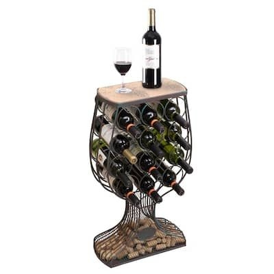 Vintage Decorative Wooden Metal Goblet Shaped Freestanding Wine Rack with Cork Holder