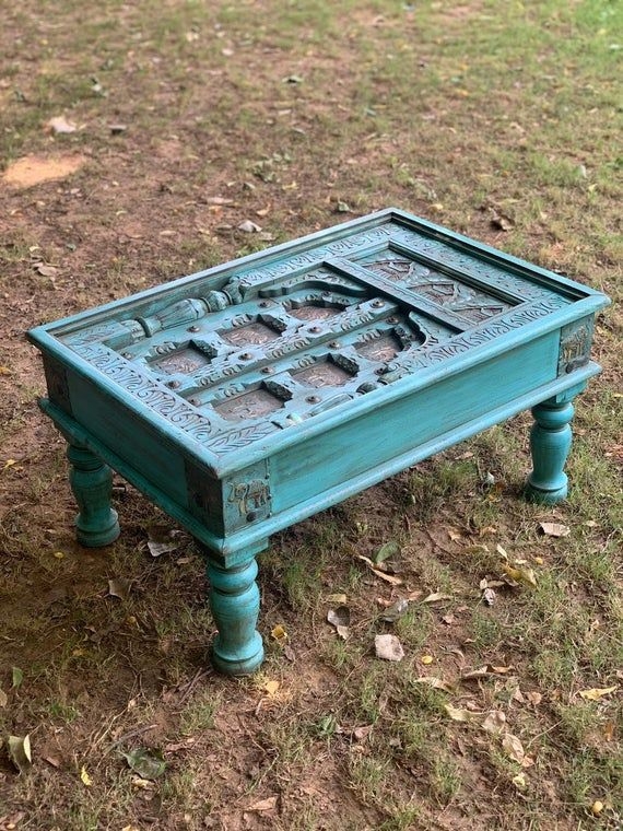 Wooden carved center table/Beautiful blue distressed table/Wooden carved small coffee table with exc