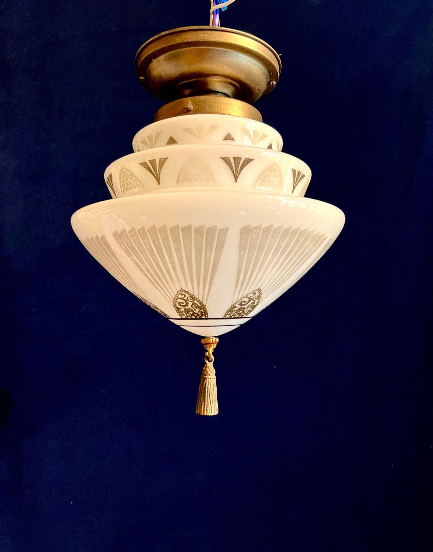 "A Softer Shade of Grey- Smaller Flush Mount 1931 Skyscraper Stenciled Deco 3-Tier Fixture (Larger \"Matching\" Hanging Pendant Avail in Shop)"
