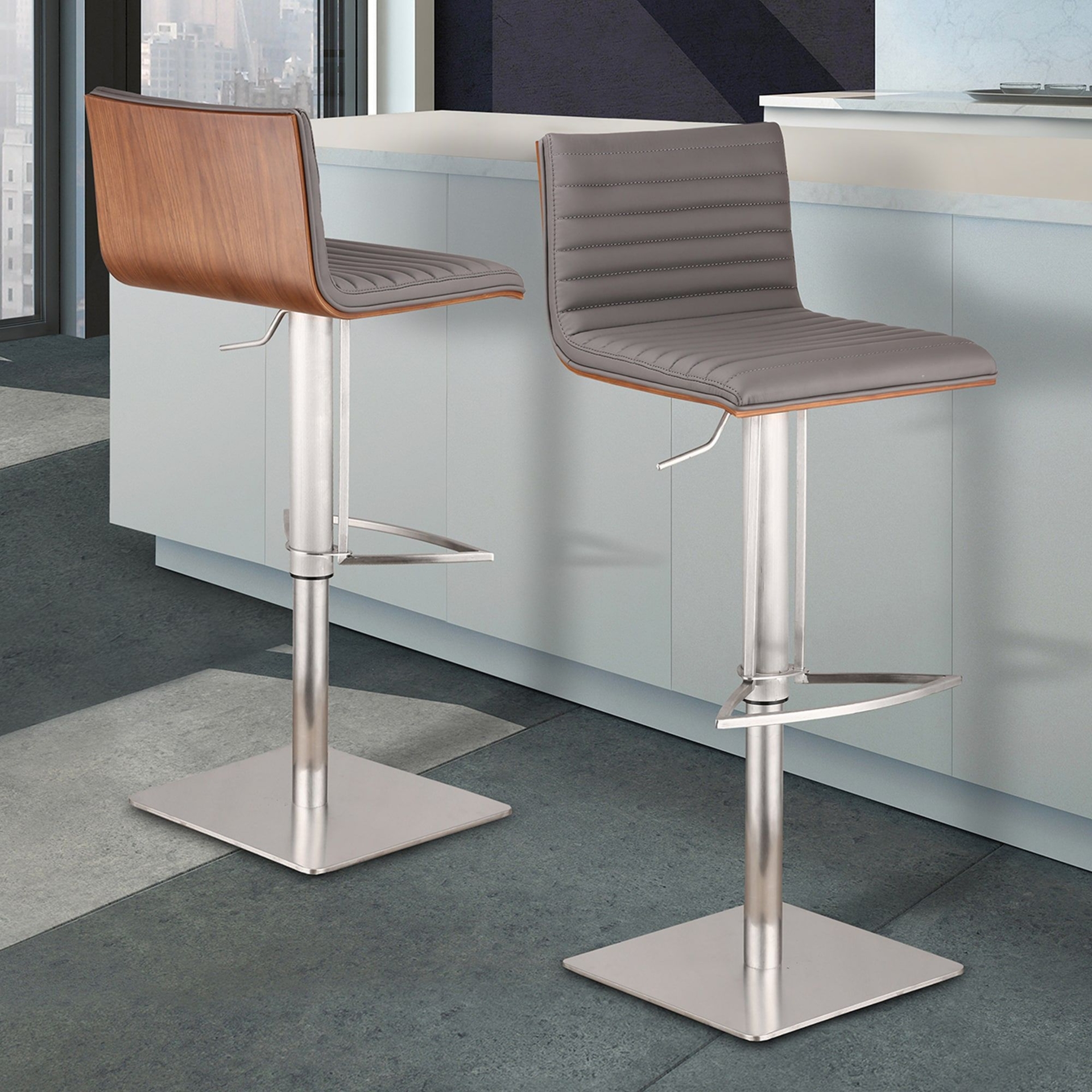 Armen Living Cafe Gray/Brushed Stainless Steel/Walnut Wood 32-in H Adjustable height Upholstered Swivel Bar Stool | LCCASWBAGRB201