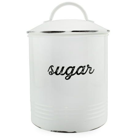 Auldhome Enamelware White Sugar Canister; Rustic Distressed Style Staples Storage for Kitchen