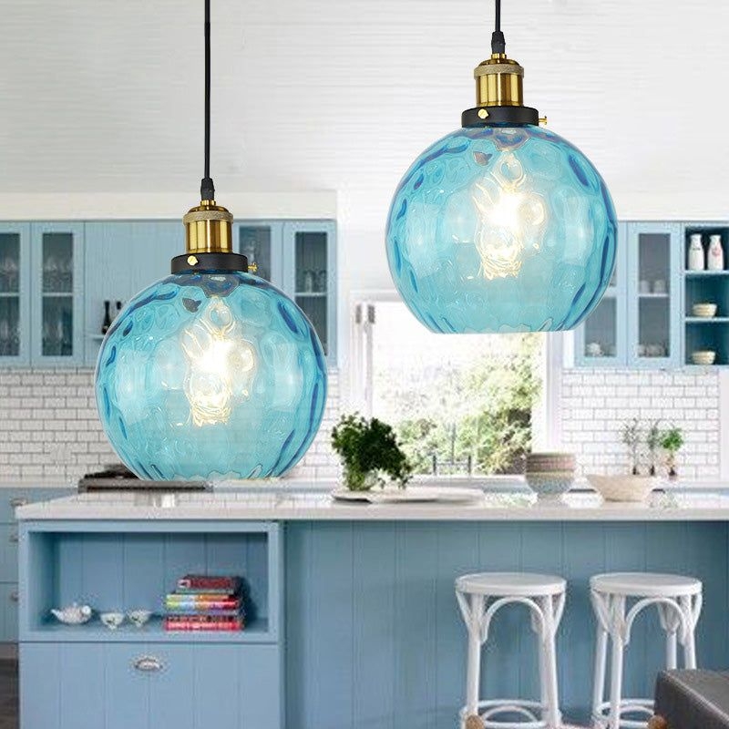 Blue Globe Pendant Lighting Fixture Industrial Dimpled Glass 1 Light Living Room Hanging Ceiling Light - Blue