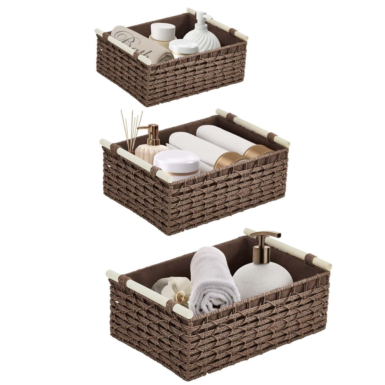 DECOMOMO Wicker Storage Basket, Toilet Paper Basket for Organizing Storage, Paper Rope Baskets with Liner and Wooden Handles for Shelves Bathroom Cosmetics Books (Brown 3 Pack)