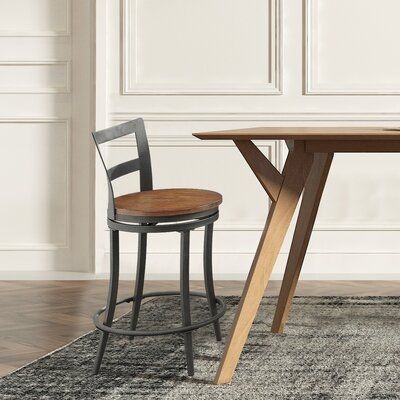 Foundry Select Bonilla Swivel Solid Wood 24" Counter Stool Wood / Metal in Brown / Gray | 35 H x 17 W x 17 D in | Wayfair
