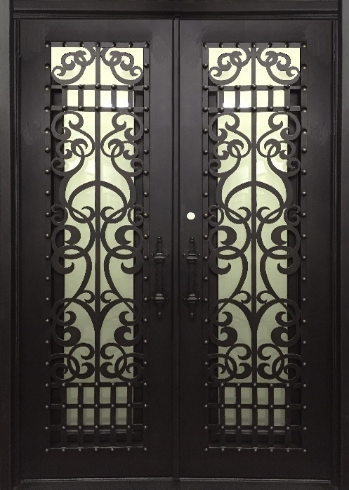 JUNIPER- flat top, tempered insulated glass, bug screens, wrought iron doors-62X96 Right Hand
