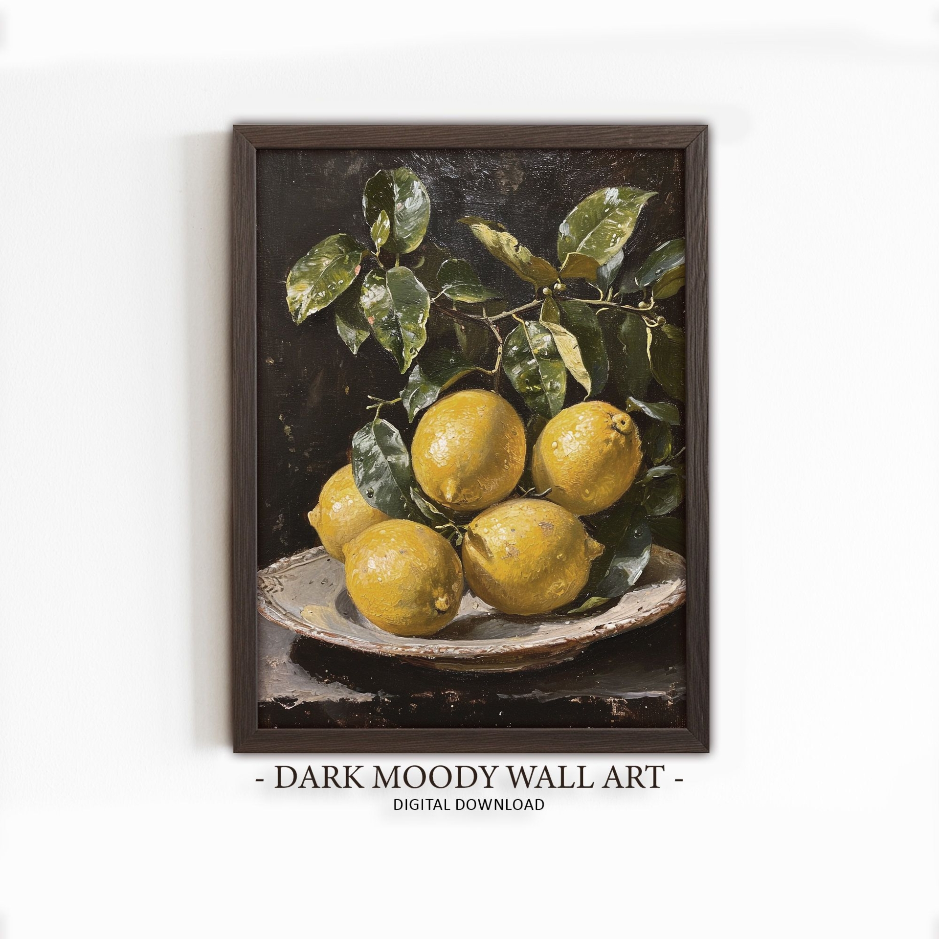 Lemon Painting, Moody Fruit Still Life Print, Rustic Kitchen Decor, Printable Farmhouse Wall Art