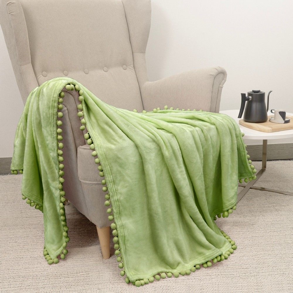 PAVILIA Fleece Pom Pom Blanket Throw for Sofa Bed, Soft Lightweight Pompom Fringe Blanket for Couch , Sage Green/Throw - 50x60