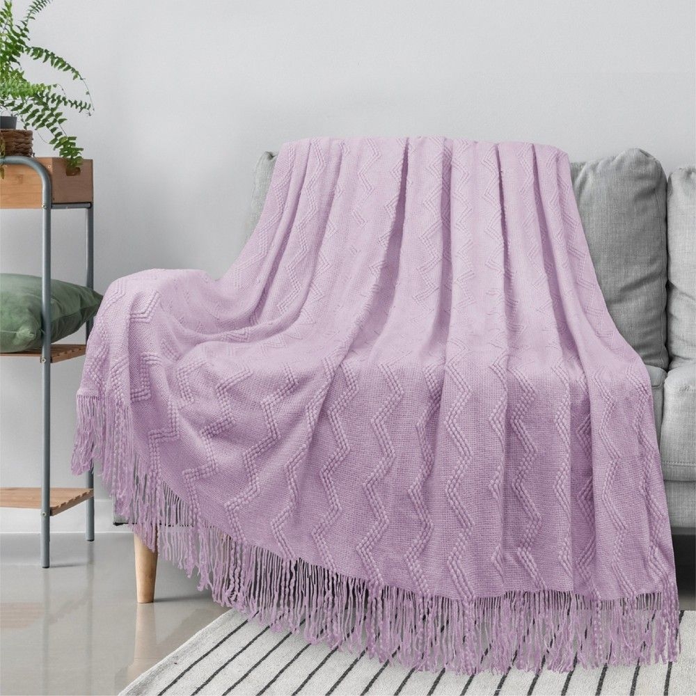 PAVILIA Knit Textured Soft Throw Blanket for Sofa, Living Room Decor, and Bed, Lavender Purple/Twin - 60x80