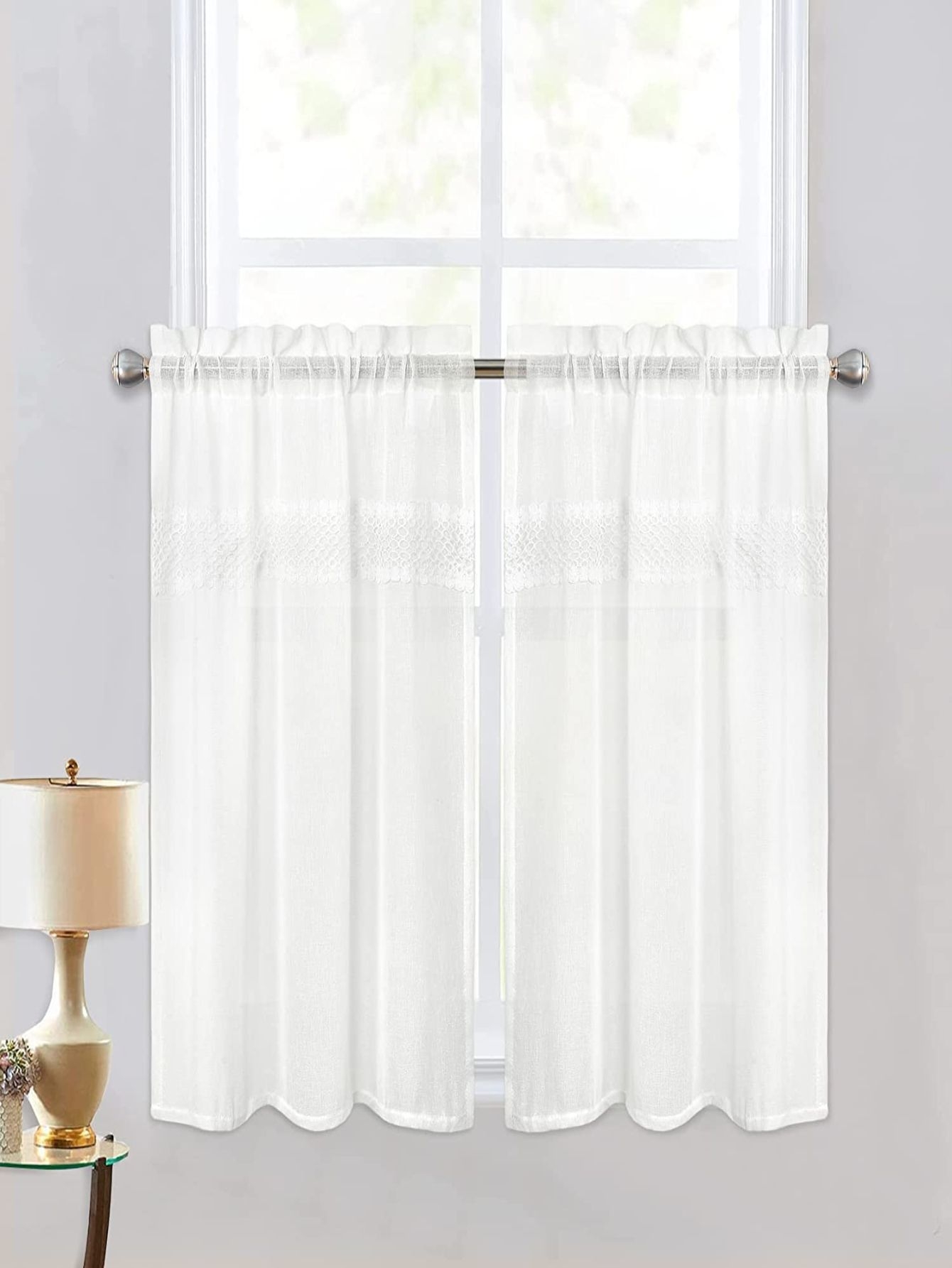 Semi Sheer Kitchen Curtain Short Curtain for Small Window Linen Textured Cafe Curtain with Lace Tassel Farmhouse Window Panels for Home Decor