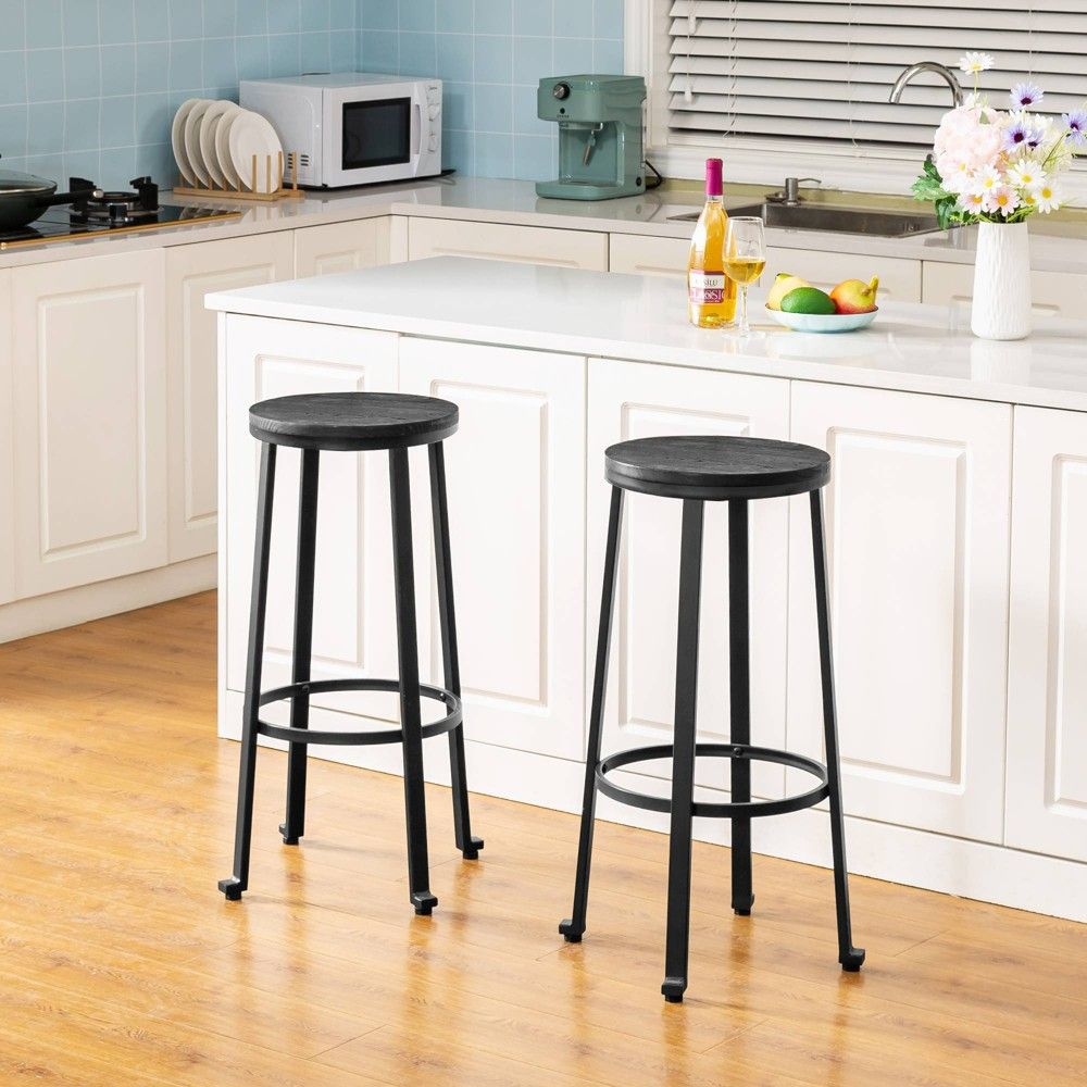 Set of 2 Steel Bar Stools with Round Elm Wood Top Black - Glitzhome