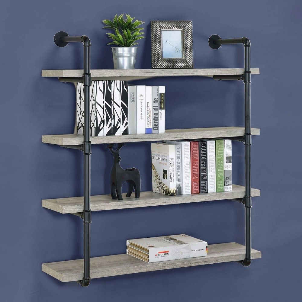39" Elmcrest 4 Shelf Wall Bookcase with Black Frame Gray Driftwood - Coaster