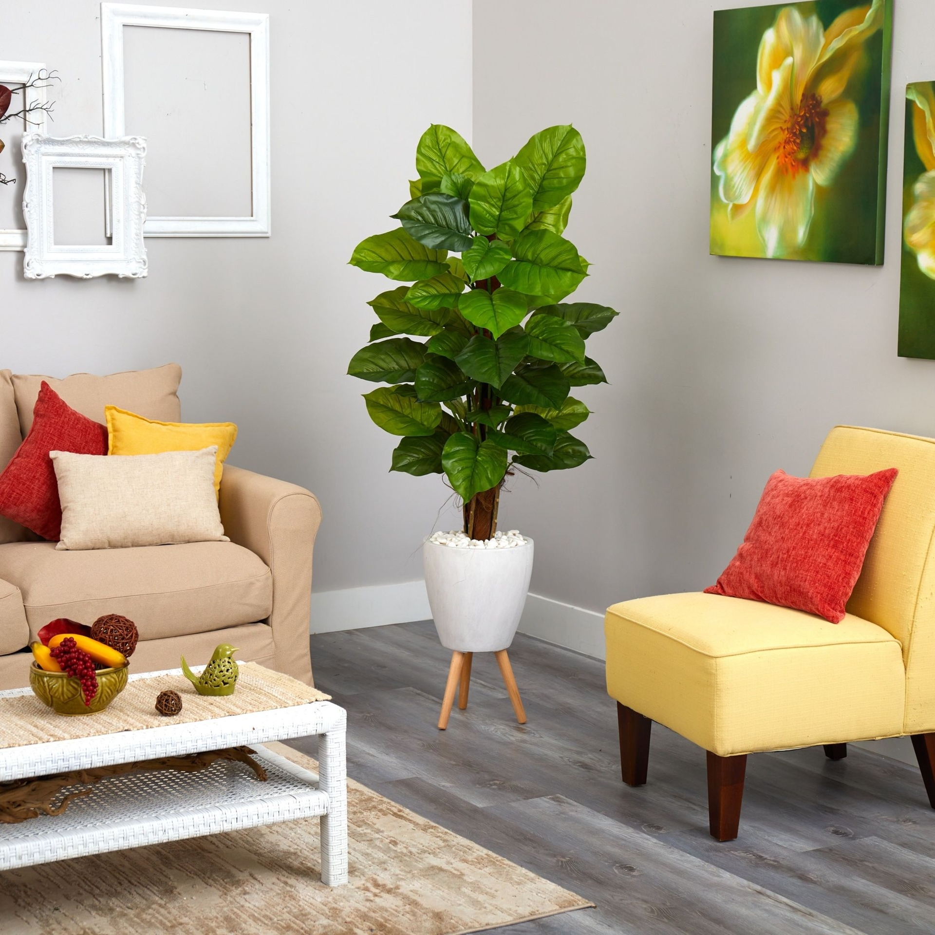 60" Large Leaf Philodendron Artificial Plant in White Planter with Stand (Real Touch) - 60