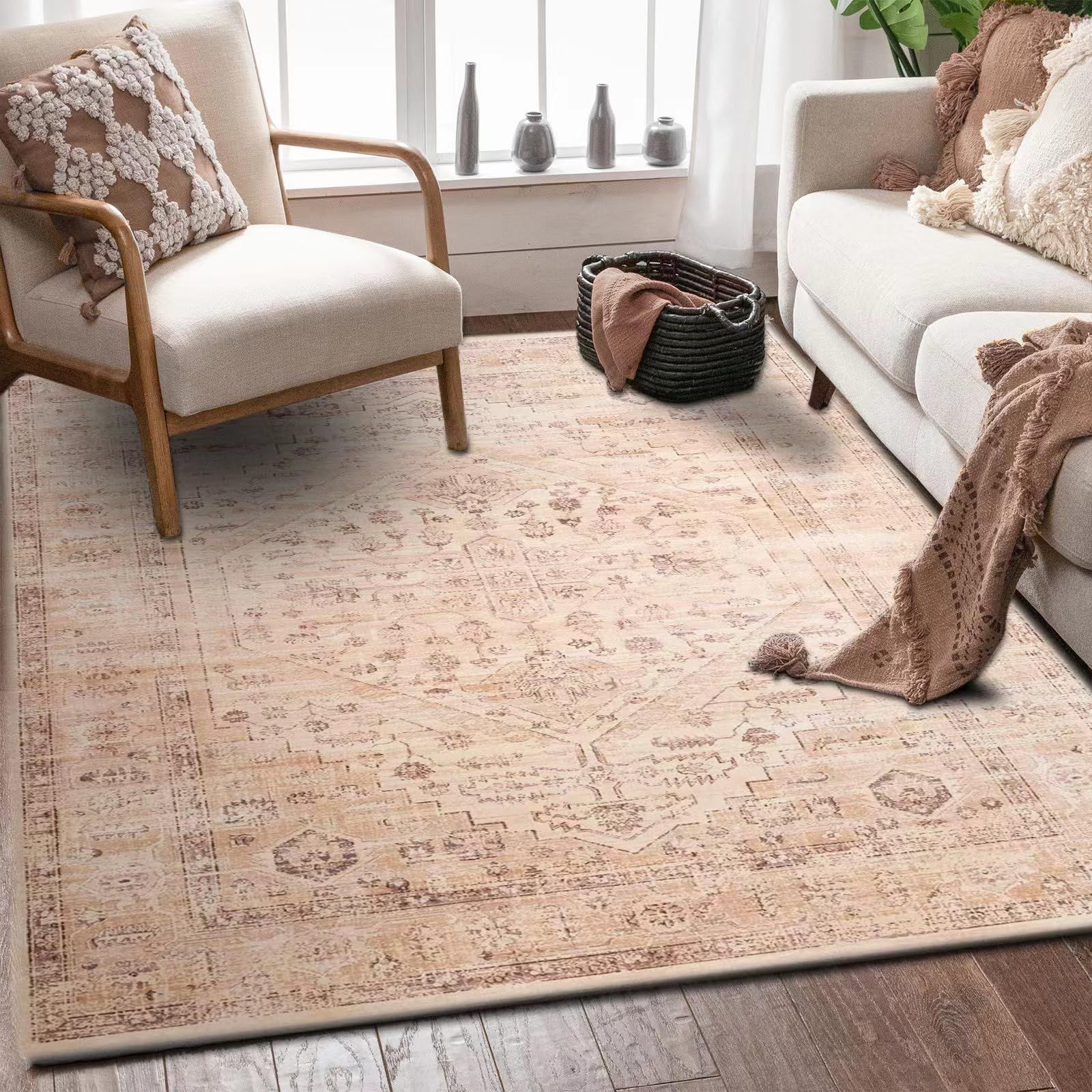 8x10 Area Rug for Living Room - Machine Washable Rug with Non Slip Rubber Backing, Low Pile Thin Mat Indoor Carpet Print Distressed Accent Rug for Bedroom Dining Room