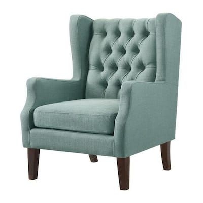 Blue Soft Teal Fabric Deep Button Tufted Wingback Accent Chair