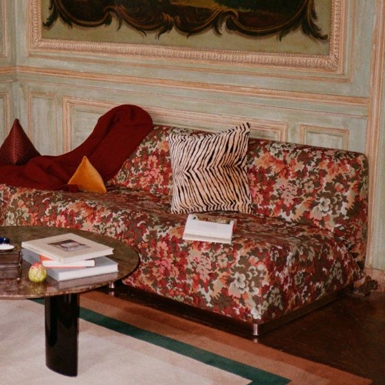 Chauffeuse modulable Rotondo feuillage coton jacquard - socle bois