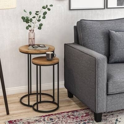 CORLIVING Fort Worth 15 in. Light Brown Round Wood Grain Nesting End Table with 2-Pieces