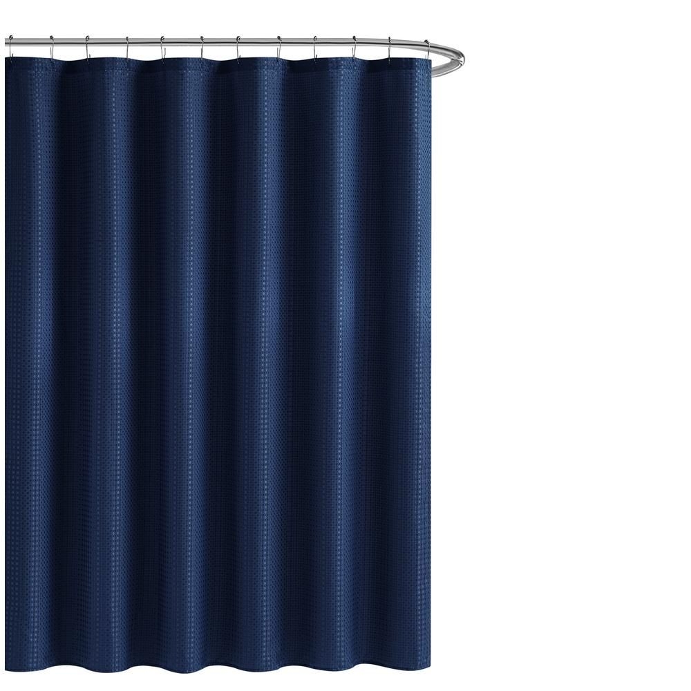 Creative Home Ideas 70 in. x 72 in. Solid Navy Textured Microfiber Shower Curtain Set with Beaded Rings