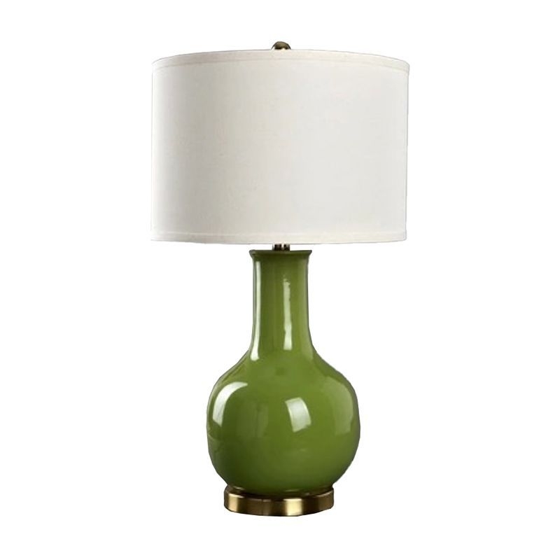 Drum Night Stand Light Modern Fabric 1 Head Living Room Table Lamp with Vase Ceramic Base in White/Red/Blue - Blue