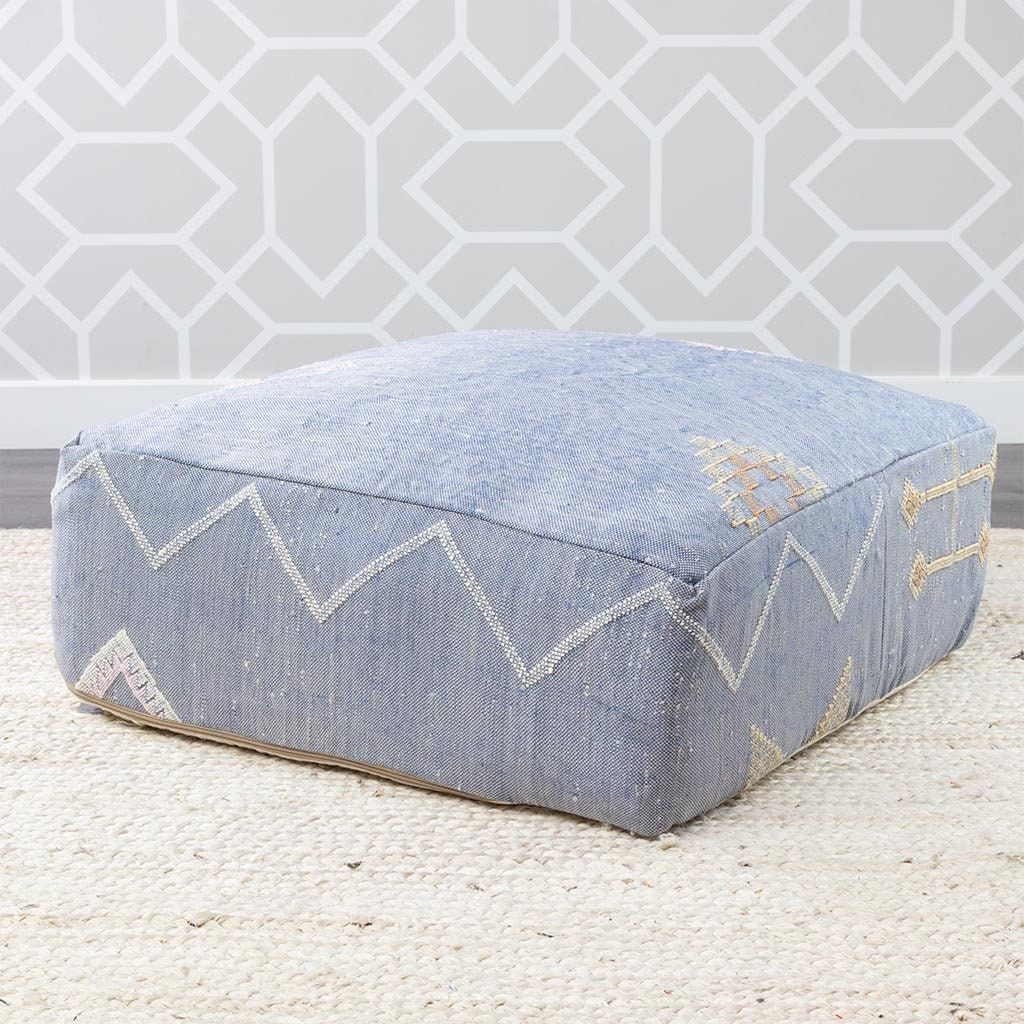 "Floor Cushion, 24\"x24\"x8\" Blue, Pouf Chair Seating from Cactus Silk Handcrafted by Moroccan Berber Artisans. Ships from California, USA"