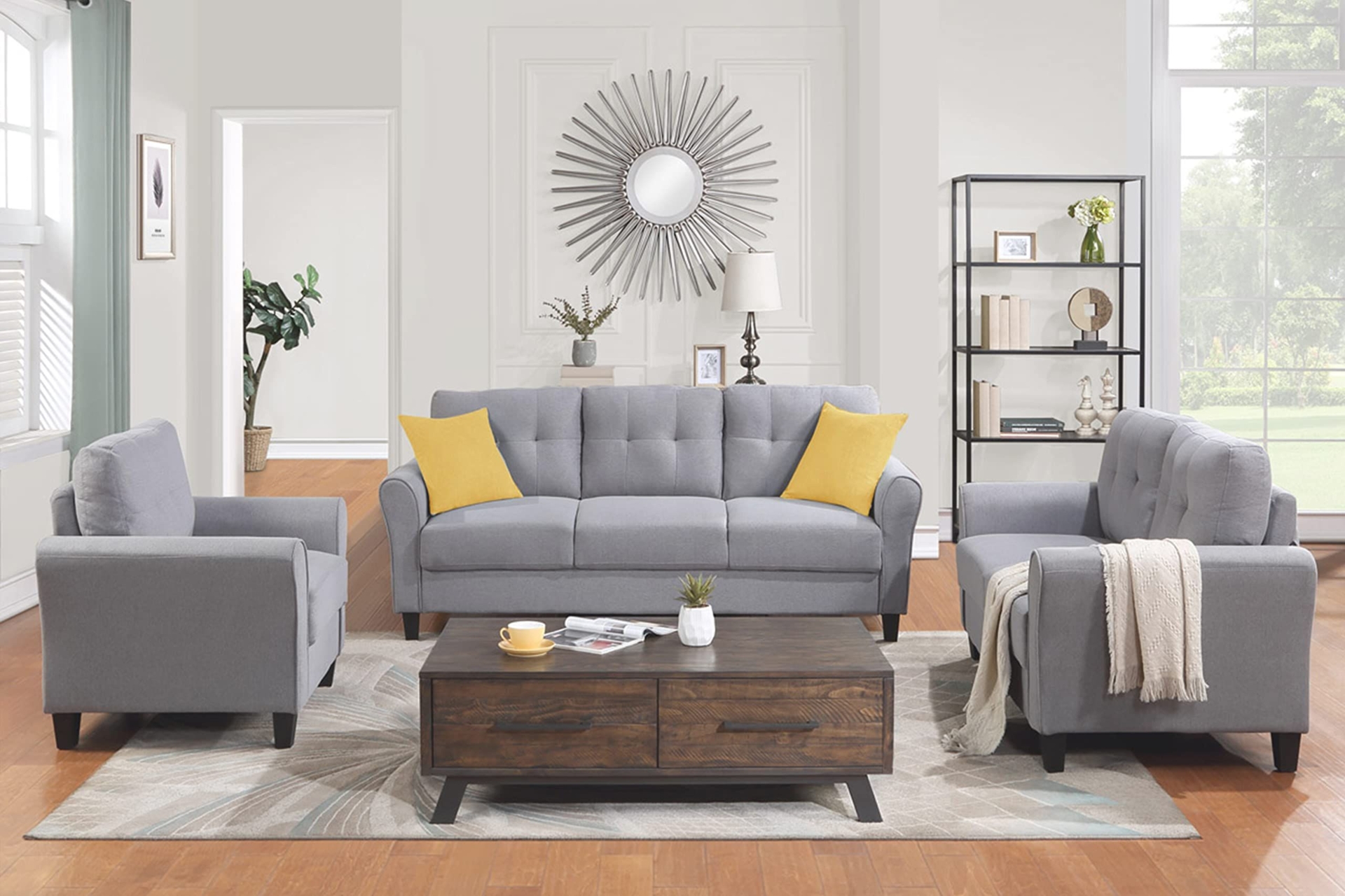 Harper & Bright Designs 3-Piece Living Room Sectional Sofa Set, Modern Style Linen Upholstered Armchair Loveseat Sofa and 3-Seat Sofa Set Sectional Couch, Light Grey-Blue