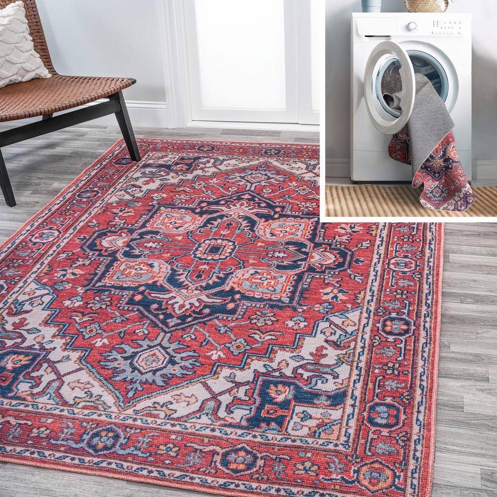 JONATHAN Y Cirali Ornate Red/Navy 3 ft. x 5 ft. Large Medallion Machine Washable Indoor Area Rug