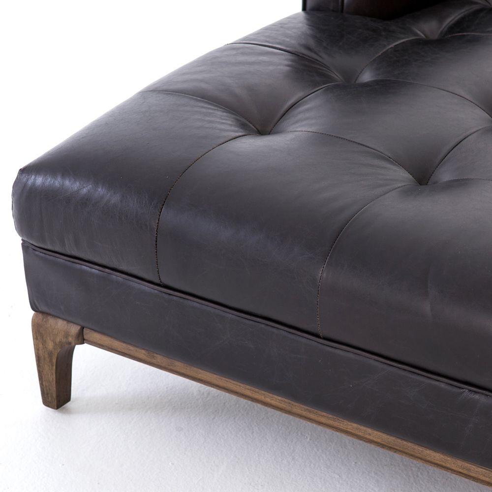 Kathy Kuo Home Allen Mid Century Black Upholstered Leather Brown Wood Blind Tufted Chaise Lounge