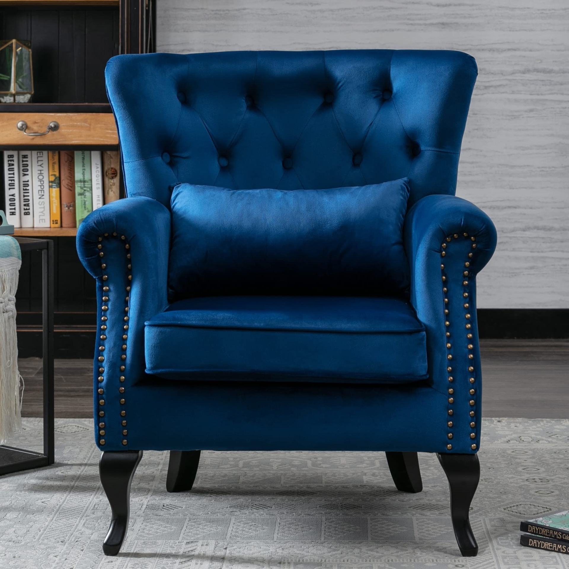 Kmax Velvet Tufted Accent Chair Mid Century Throne Chair Comfy Sofa Chair Padded Seating WingBack Unique Wood Legs Home Club Bedroom Living Room, Blue