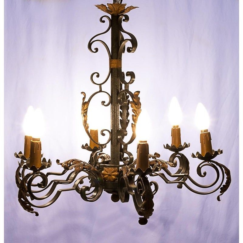 Large Chandelier and Sconces attributed to Gilbert Poillerat, 1950s, Set of 3