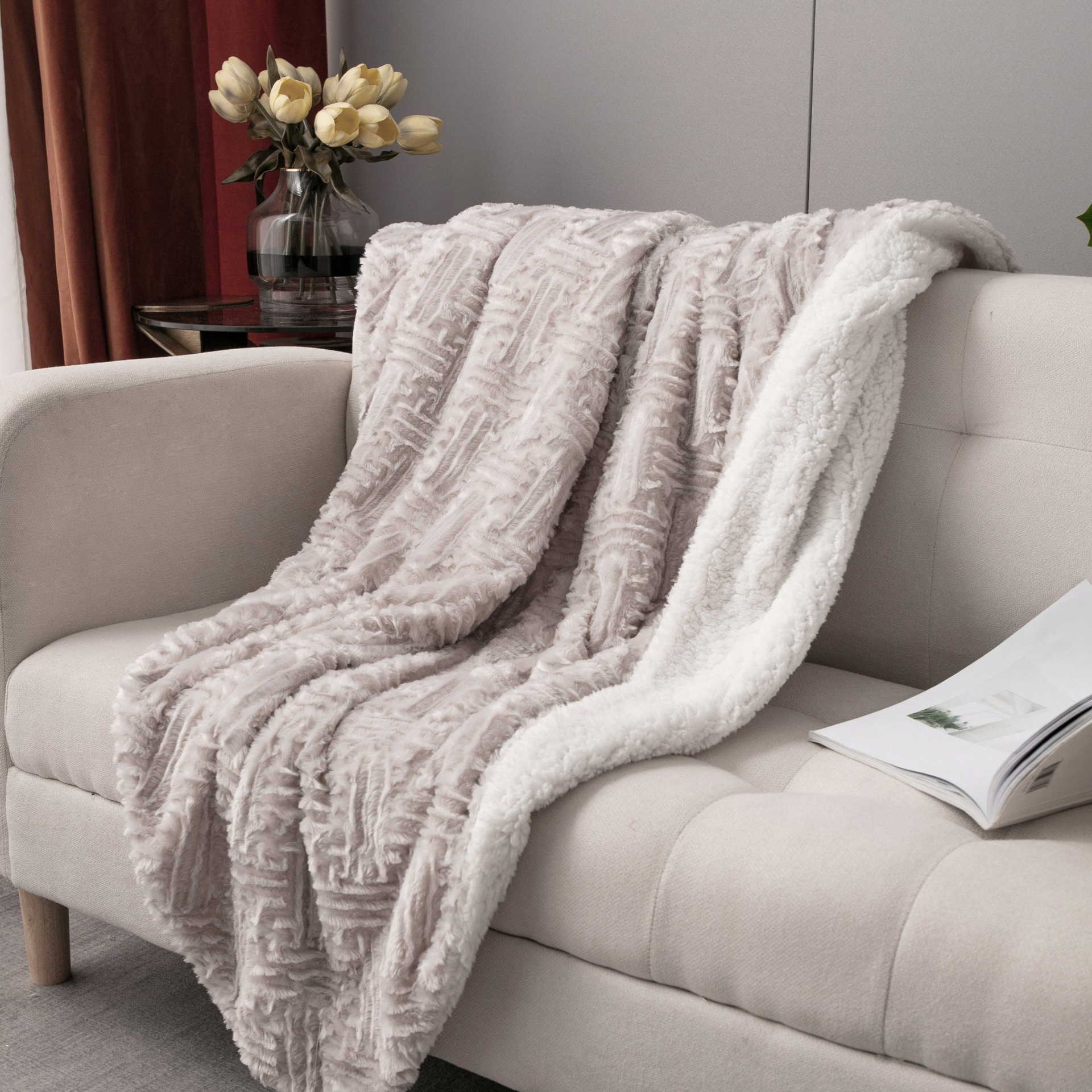 Lavender Grey Faux Fur Throw Blanket - Reversible Dreamy Geometric Embossed White Sherpa Backside - Super Soft Warm Cozy Plush Fluffy