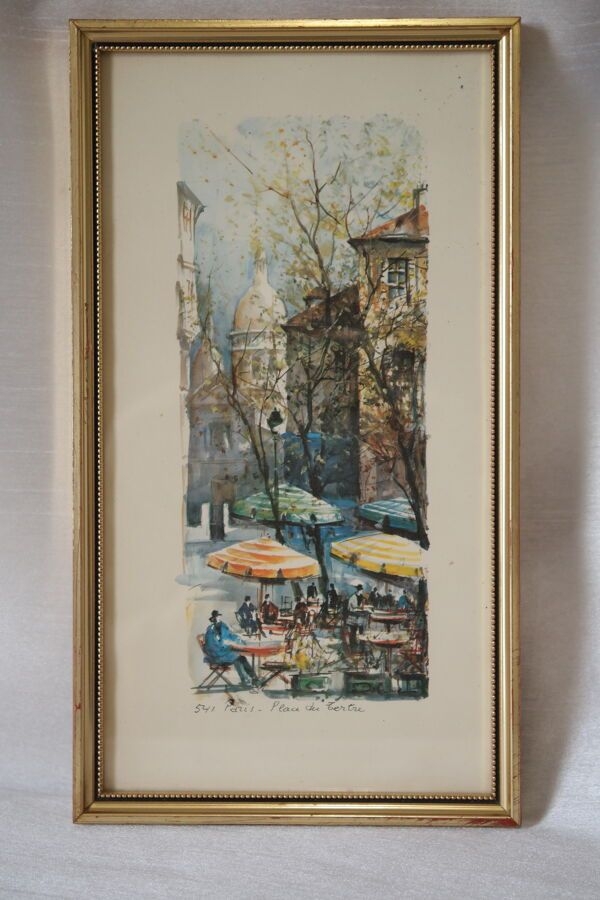 Lithographie cadre dor paris place du tertre vintage