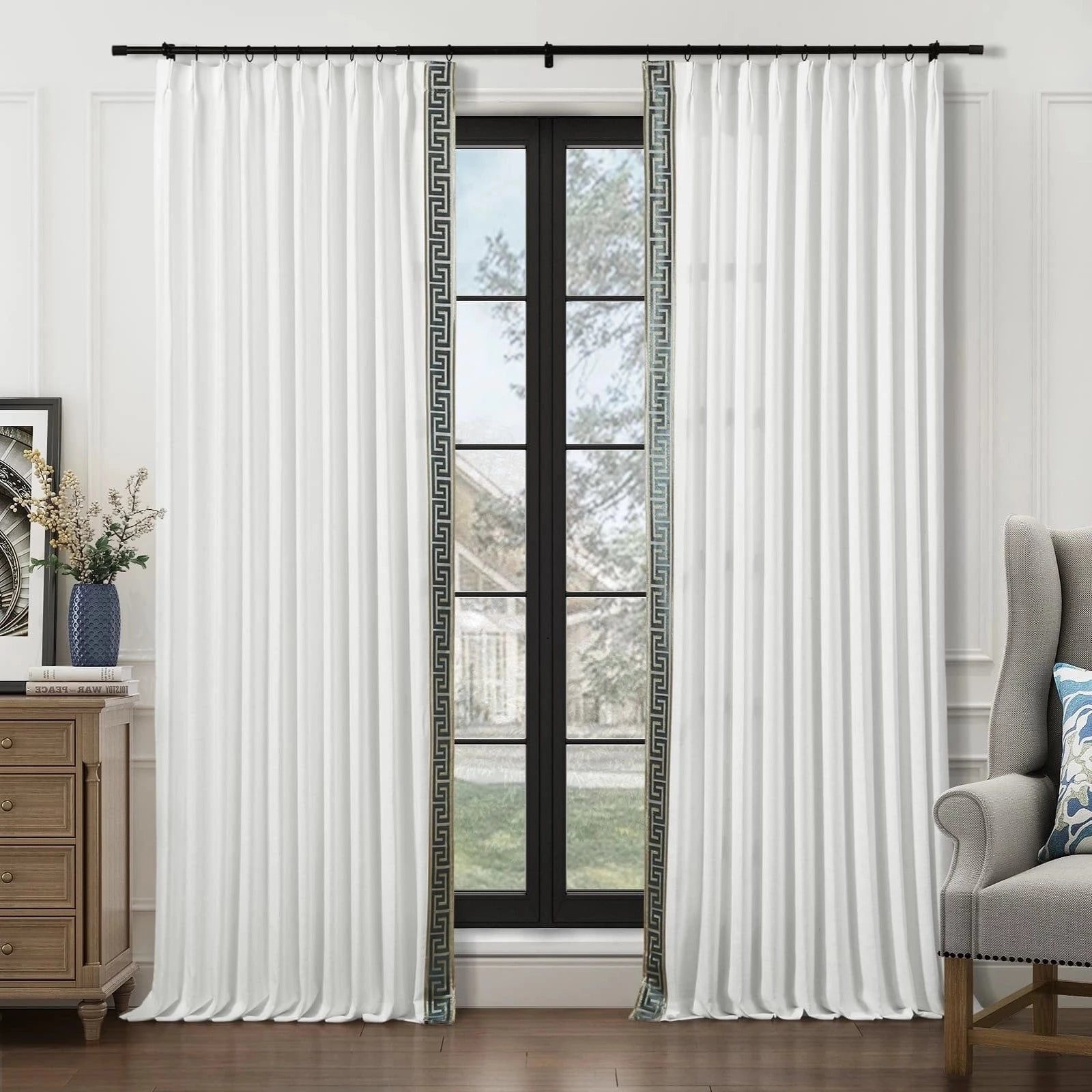 Liz Polyester Linen Drapery with Trim Border - Green 1908-30