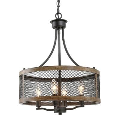 LNC Farmhouse 16 in. 4-Light Black Mesh Metal Modern Drum Island Chandelier Cage Pendant with Painted Walnut Wood Accents