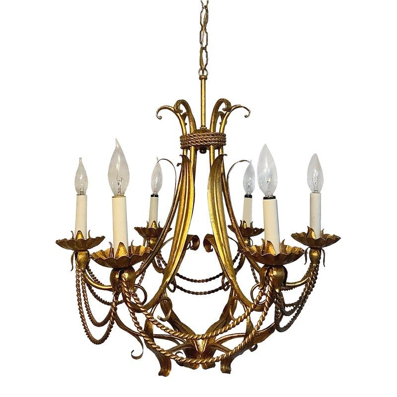 Mid 20th Century Italian Hollywood Regency Gilt Tole 6-Arm Rope Chandelier