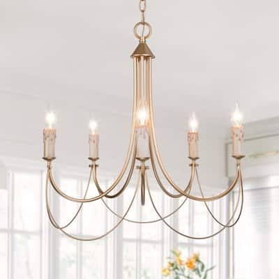Modern Satin Gold French Country Farmhouse 5-Light Chandelier Vintage Candlestick High Ceiling Light