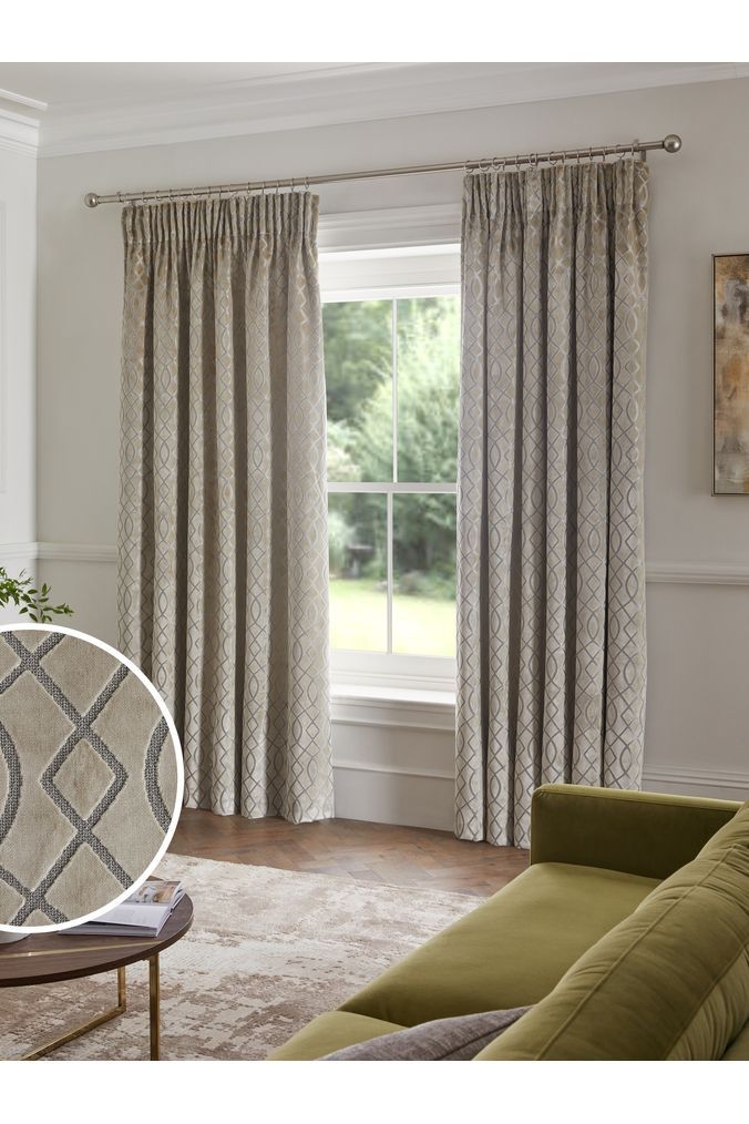Next Light Natural Collection Luxe Heavyweight Maeve Damask Velvet Pencil Pleat Lined Curtains - Natural