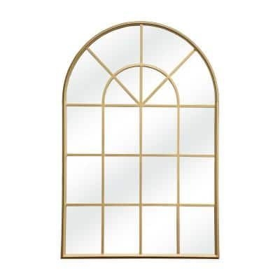 PARISLOFT 28 in. H x 41.5 in. W Modern Arched Windowpane Gold Metal Framed Decorative Mirror