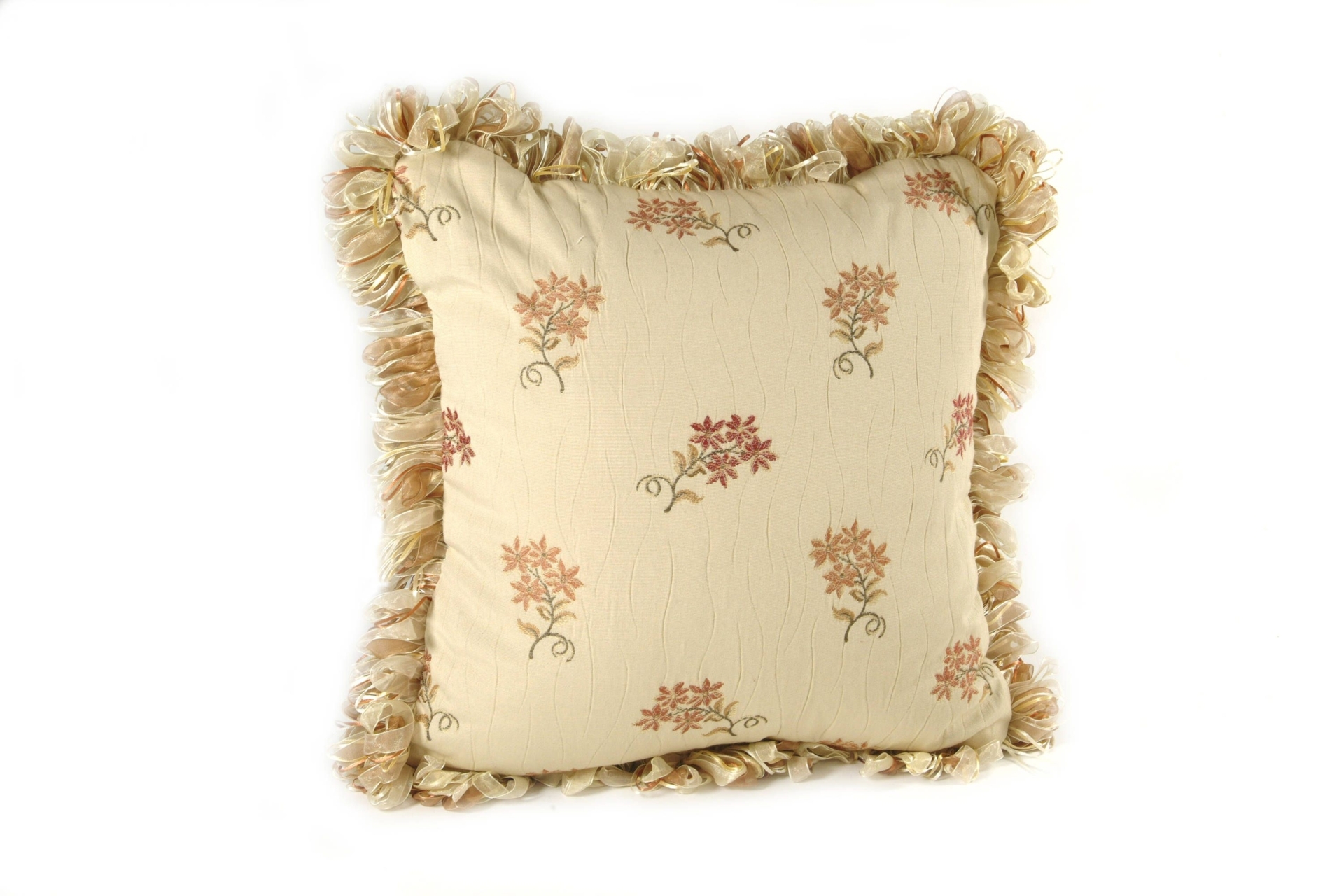 Square Off-White Floral Pillow with Rust Colored Diamond Pattern on Back
